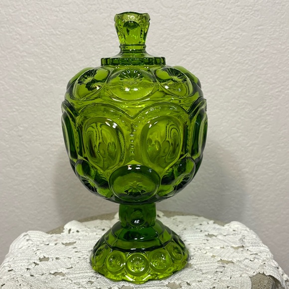 Vintage LE Smith Moon & Stars Green Footed Pedestal Candy Dish With Lid - Picture 1 of 9